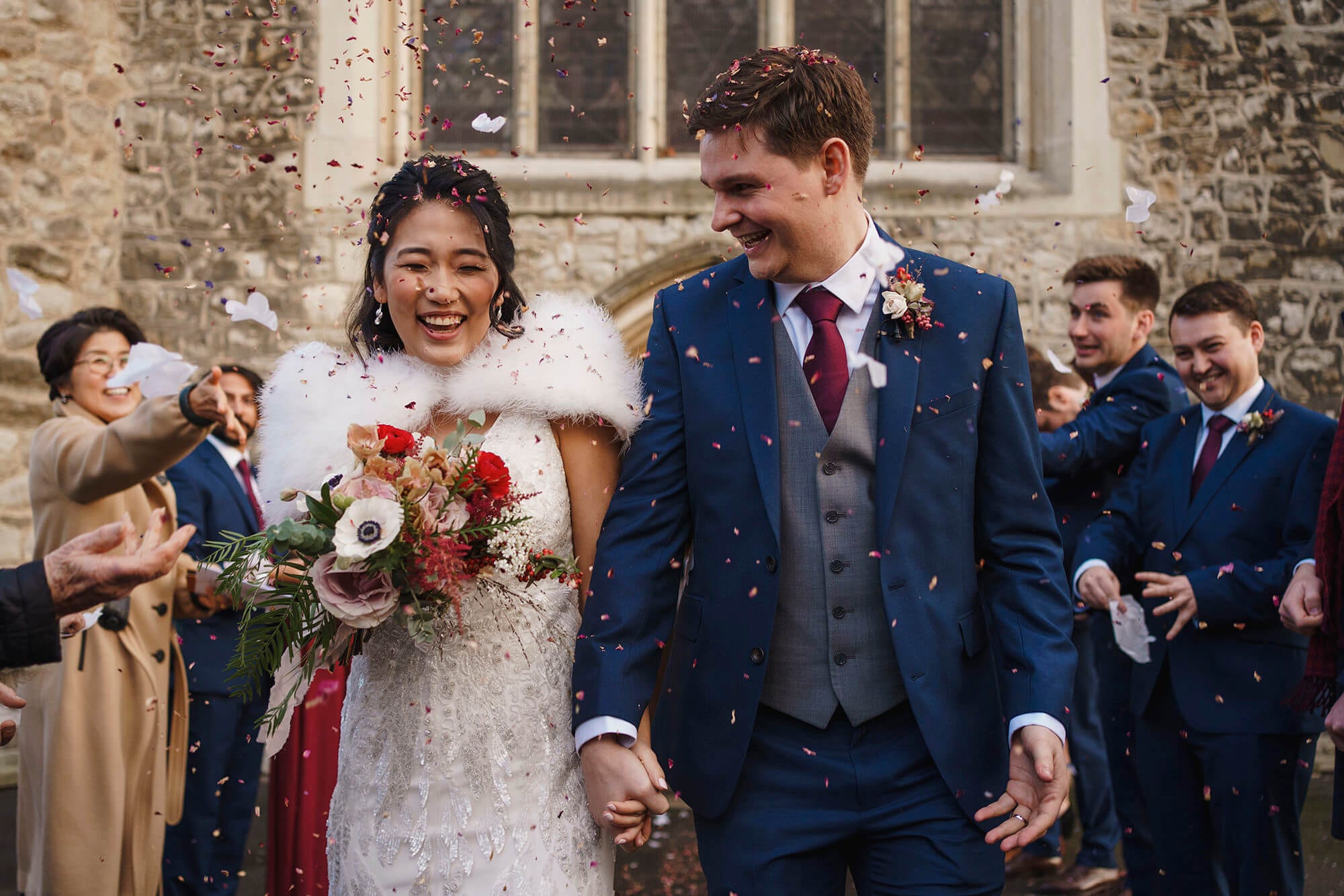 Confetti moment outside Fulham Palace wedding