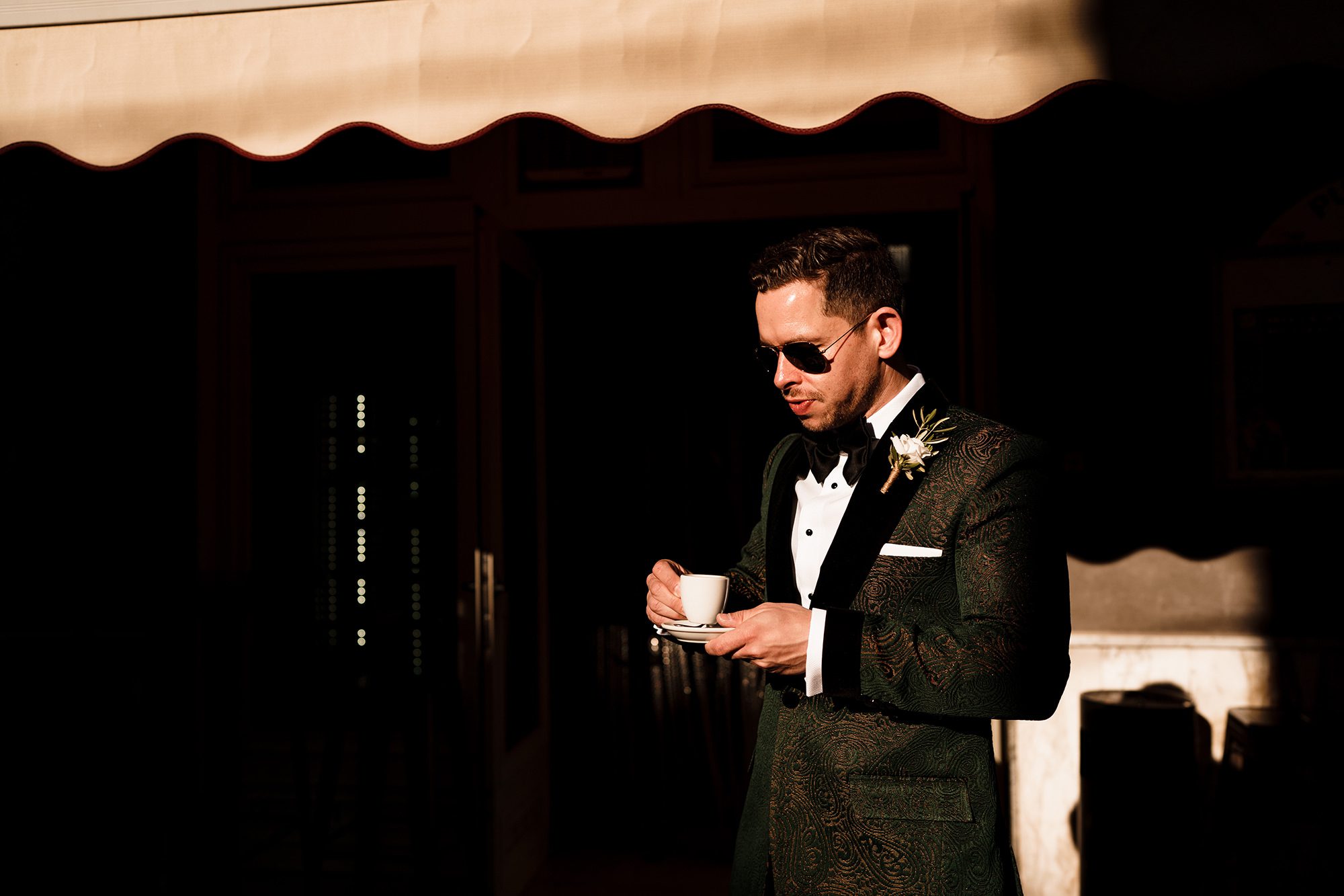groom enjoying Italian espresso