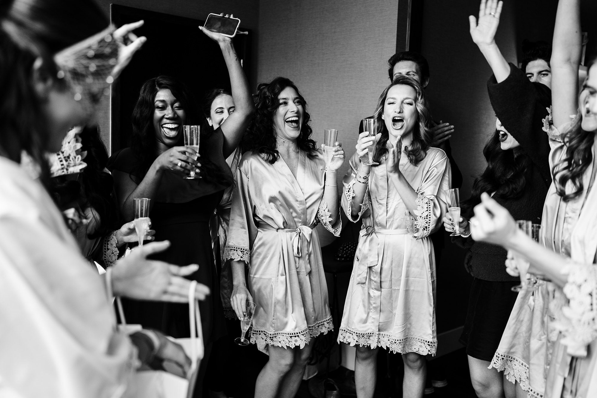 bridesmaids laughing in London hotel