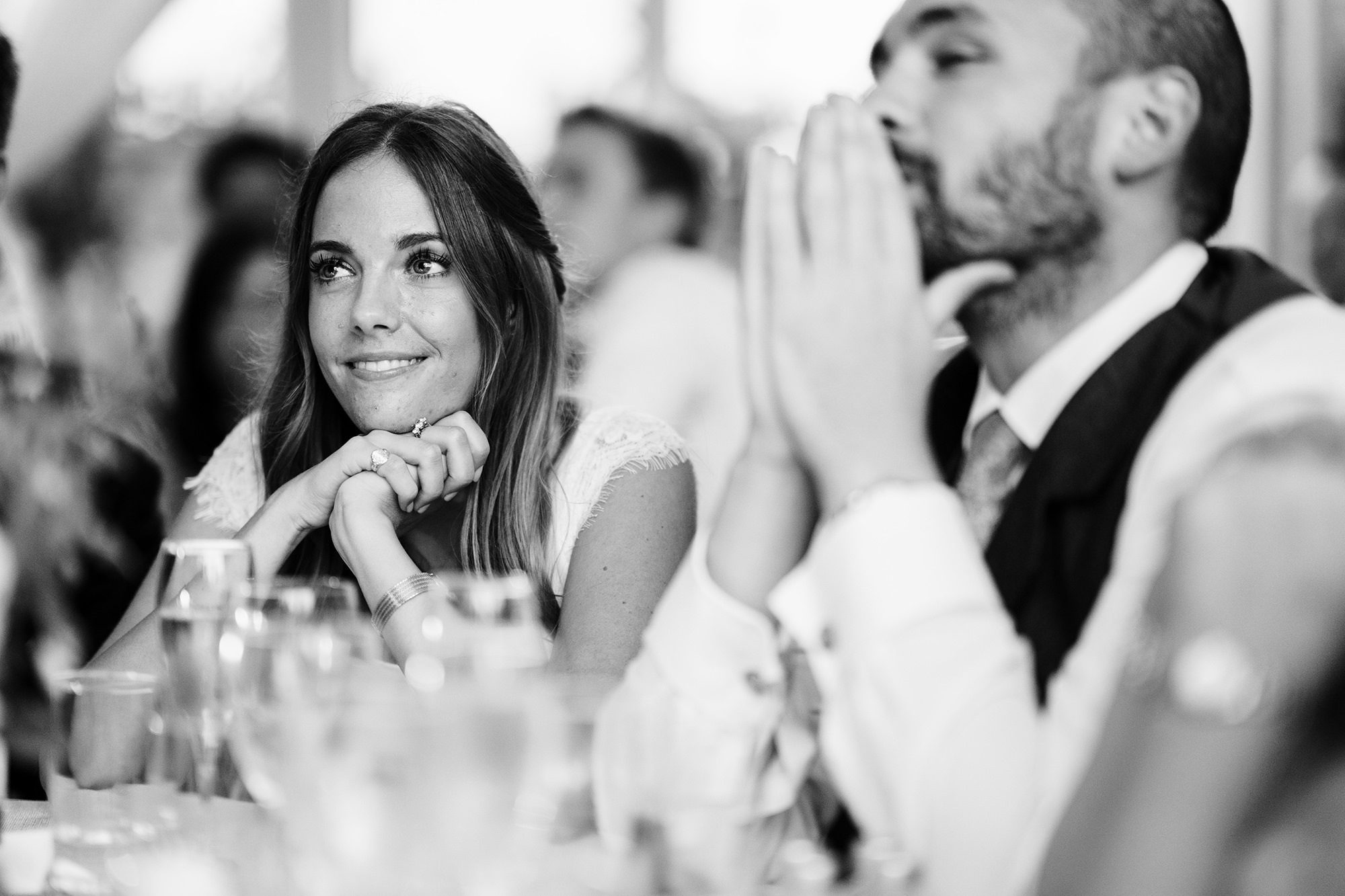 bridesmaid looks emotional during London wedding speeches