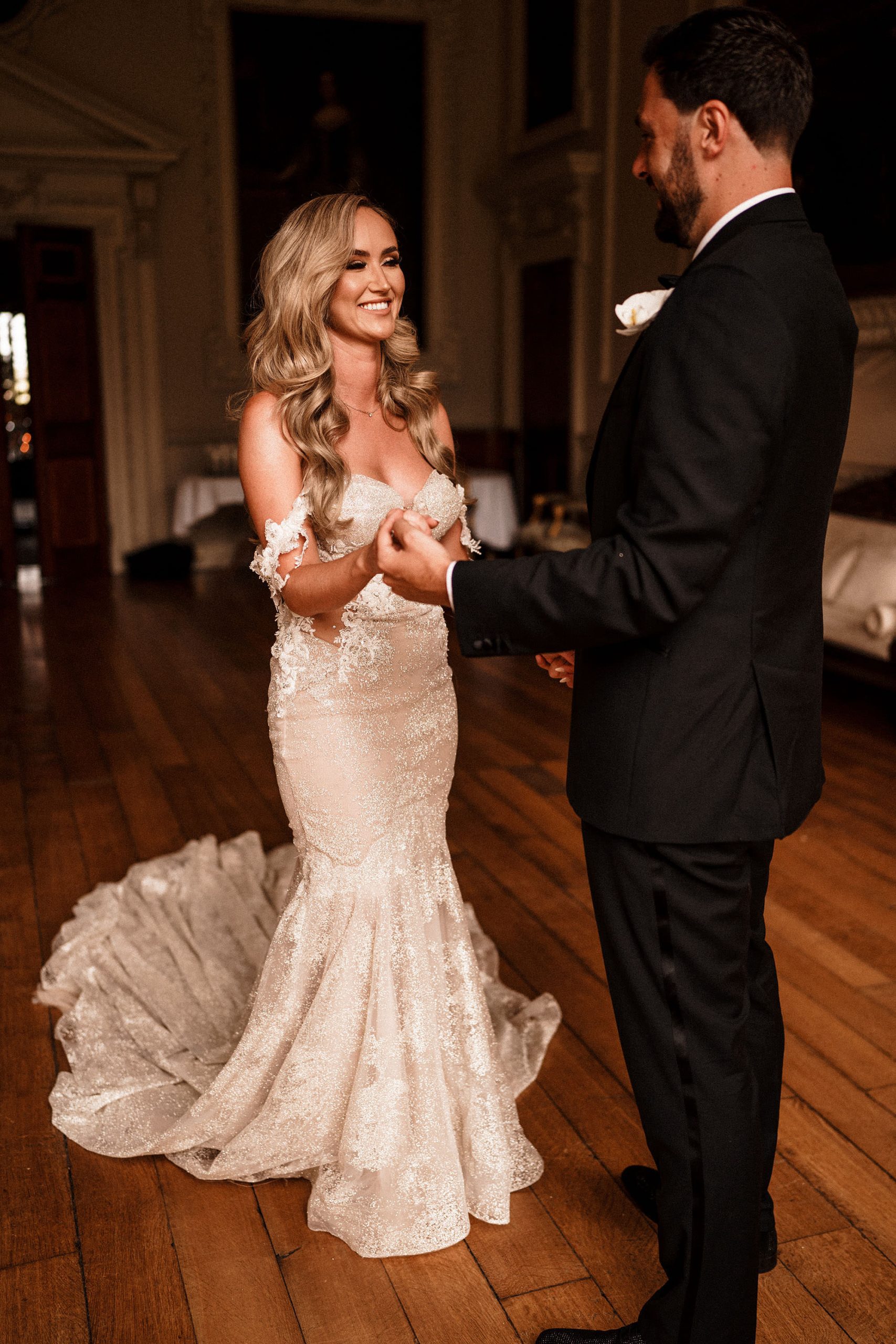 bride and groom dancing during luxury wedding at Hawkstone Hall