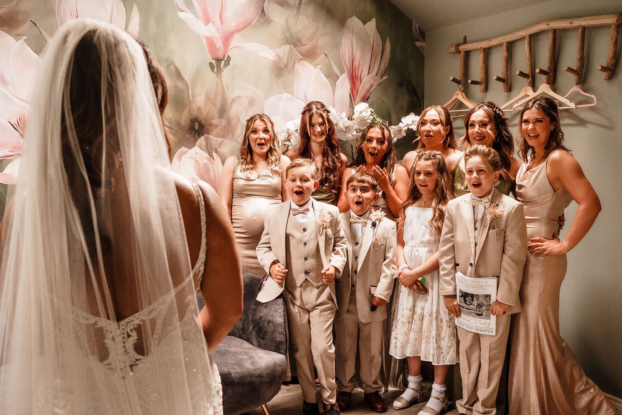 bridesmaids reaction to seeing the bride at Woodhill hall