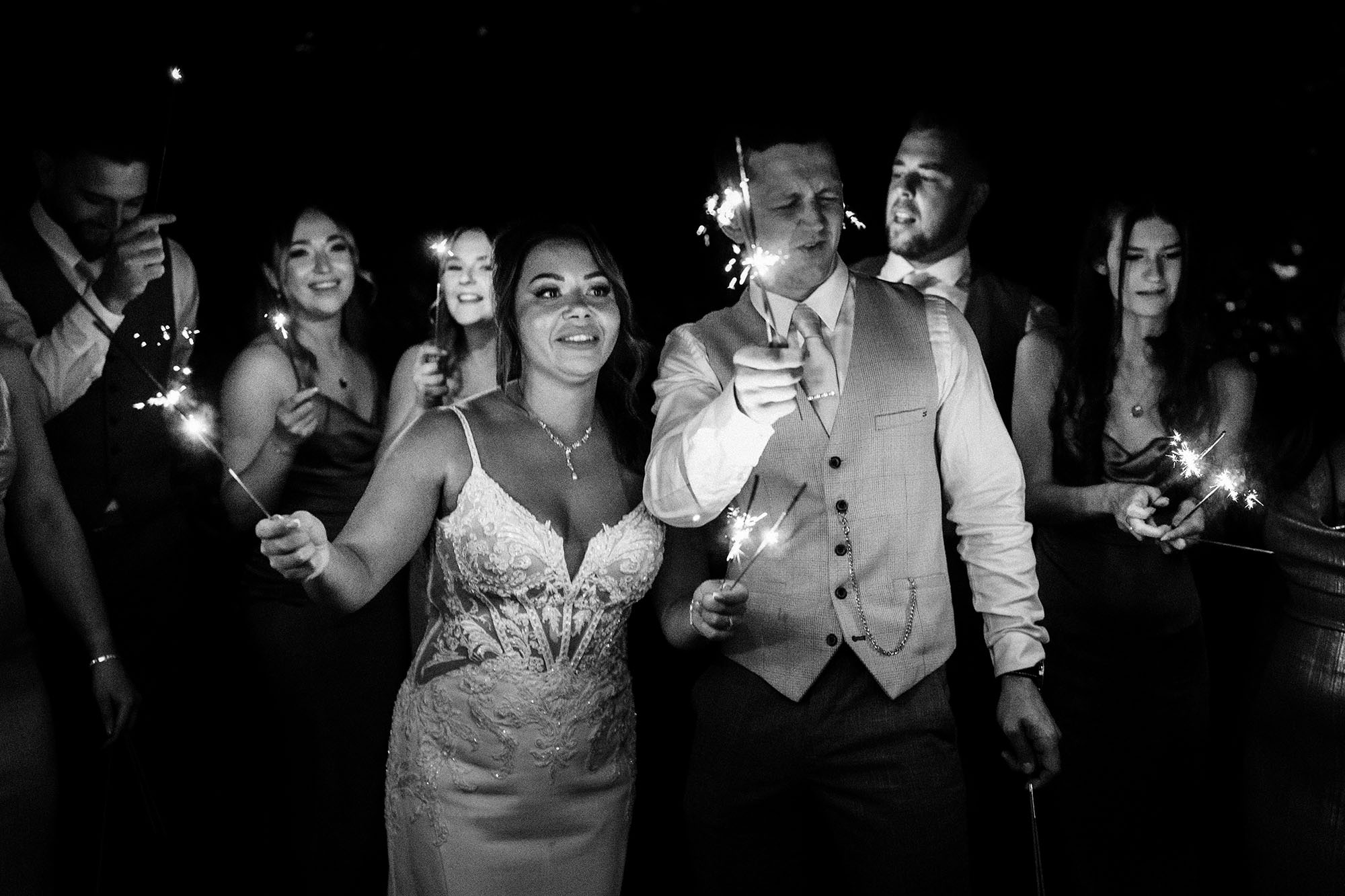 Woodhill Hall Wedding Photos of sparklers at the end of wedding