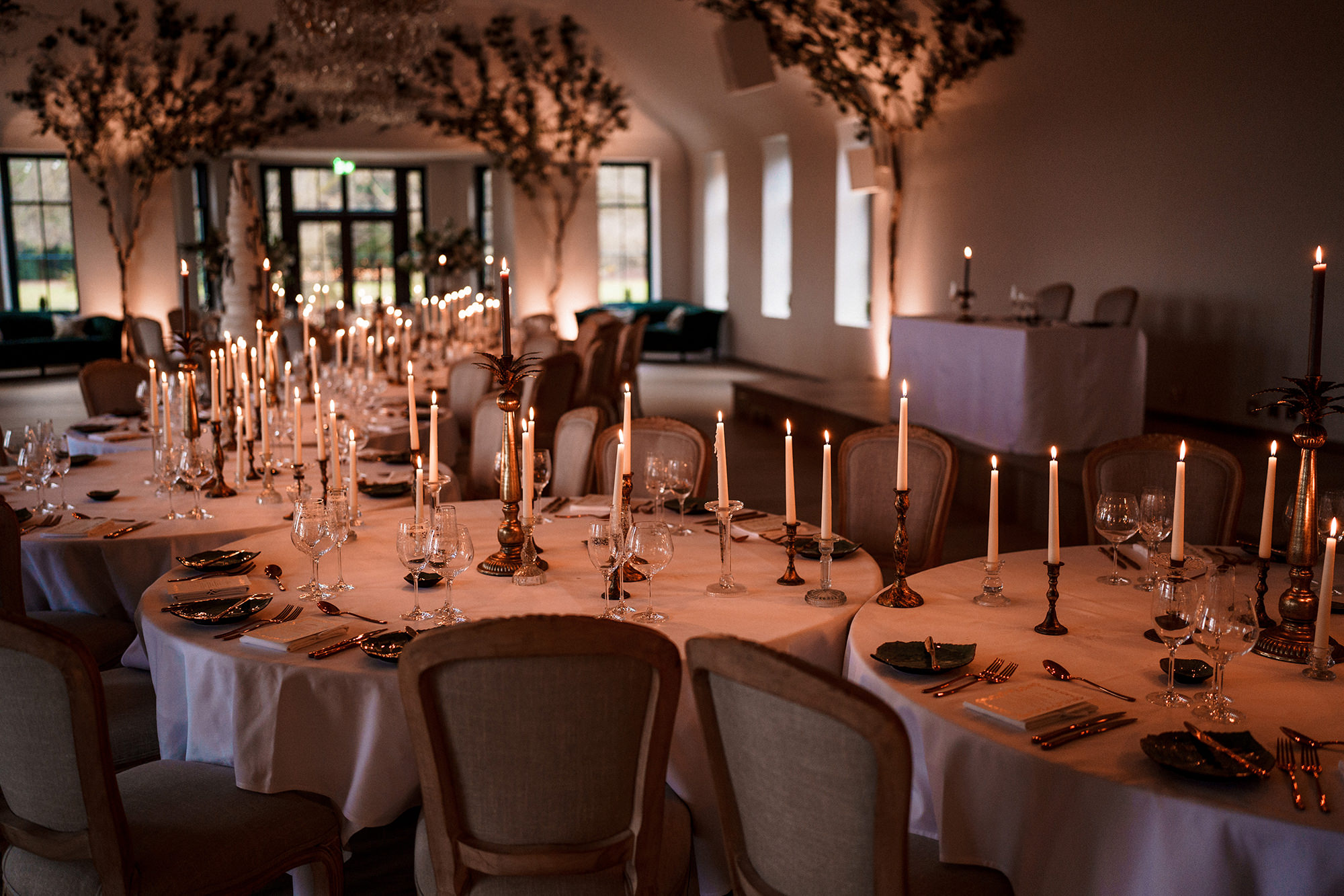 wedding breakfast tables set up at solbereg hall