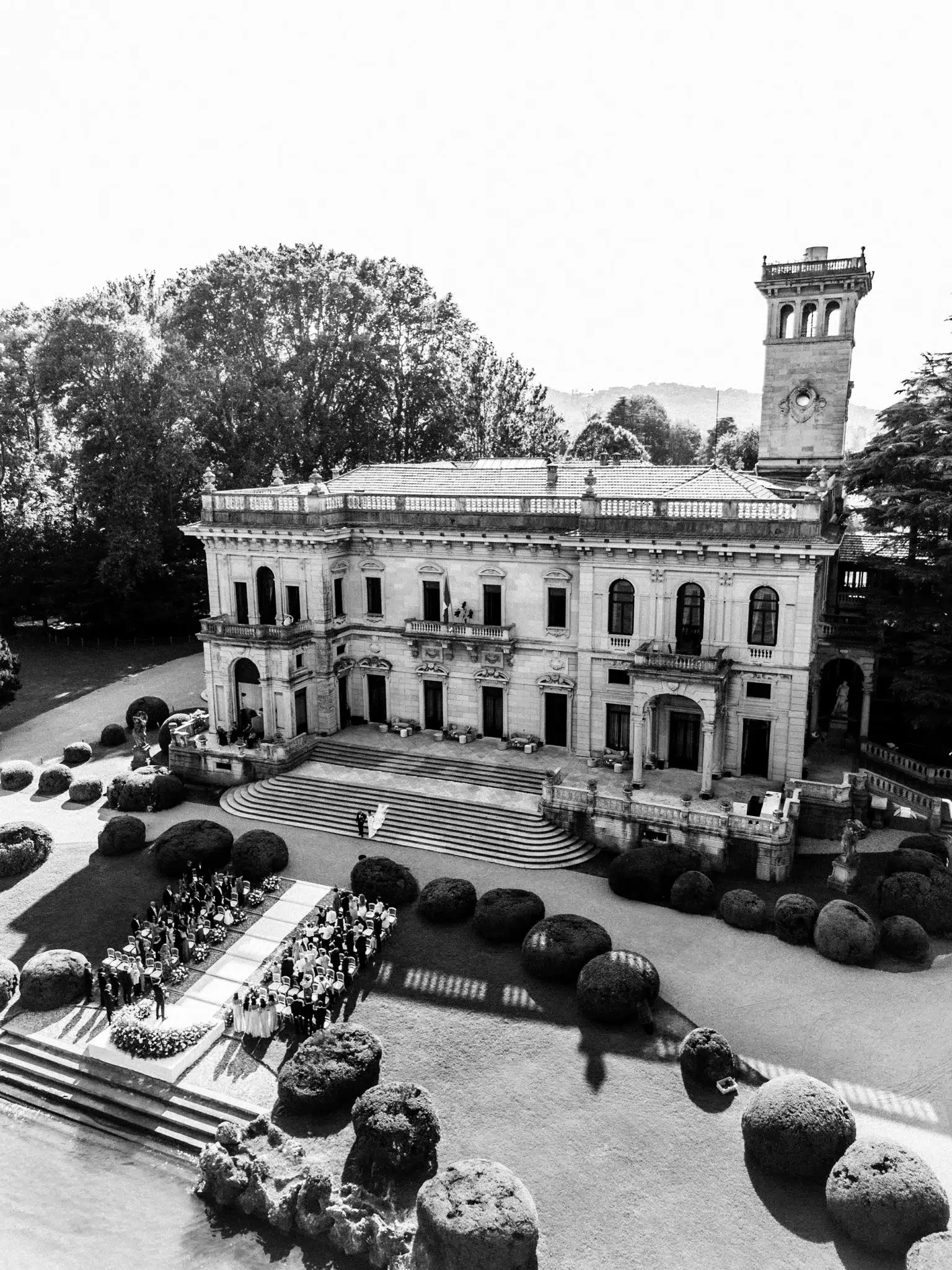 drone shot of villa erba wedding