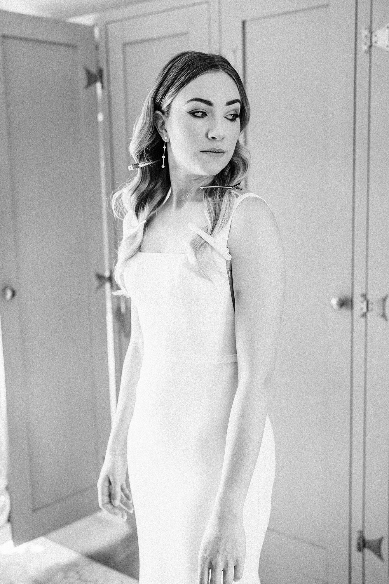 Bride portrait in bridal suite during morning prep at Scarlett Hall wedding in Cheshire