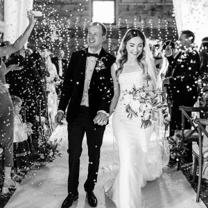 Wedding confetti moment outside Scarlett Hall venue in Cheshire