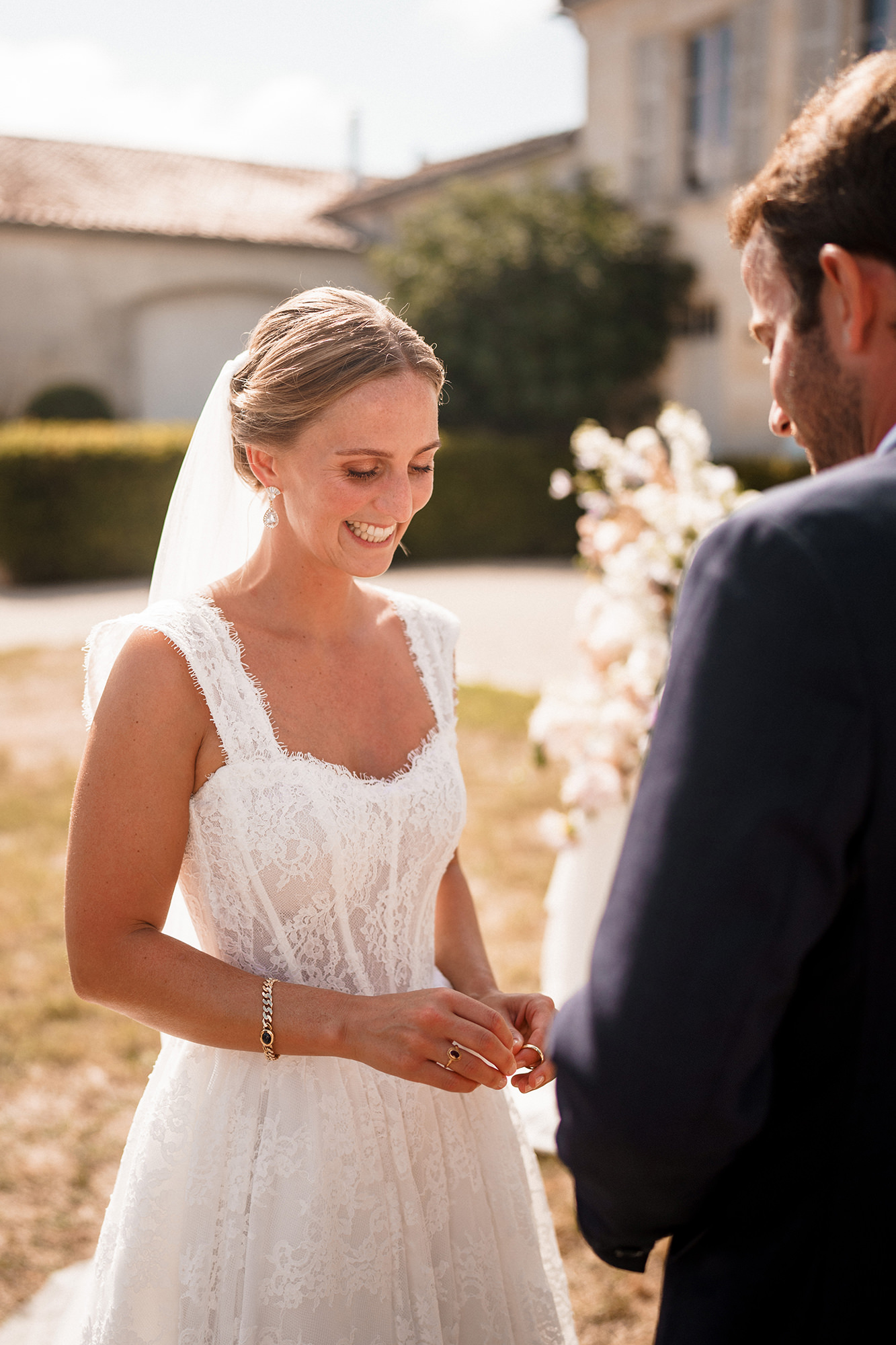 Anne-Sophie during her outdoor wedding ceremony at La Cannonerie