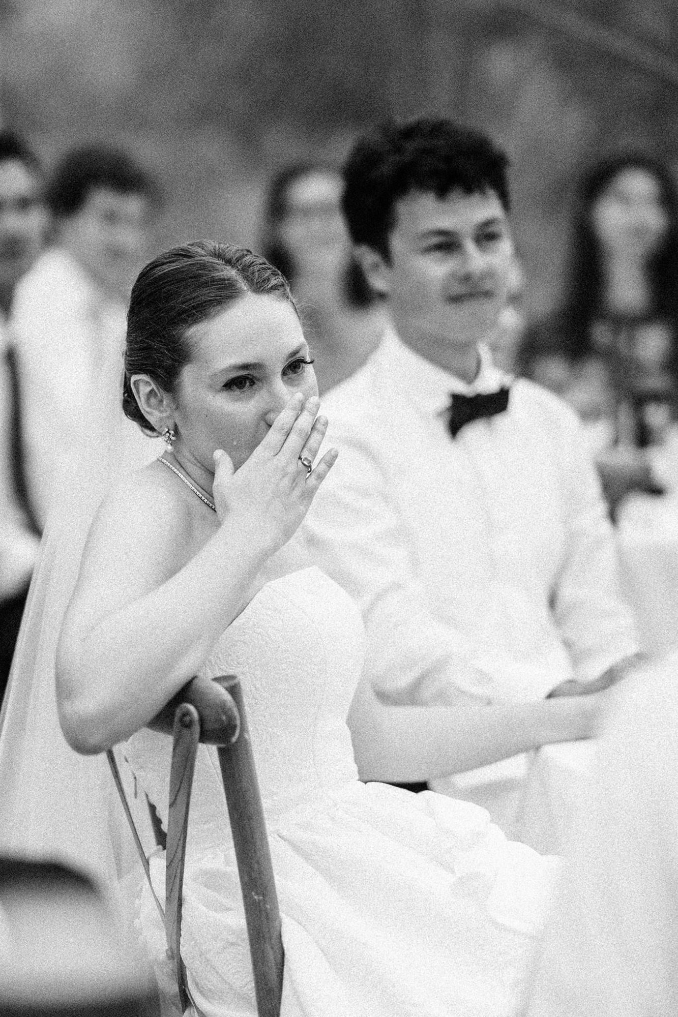 Emotional bride during a wedding reception in France